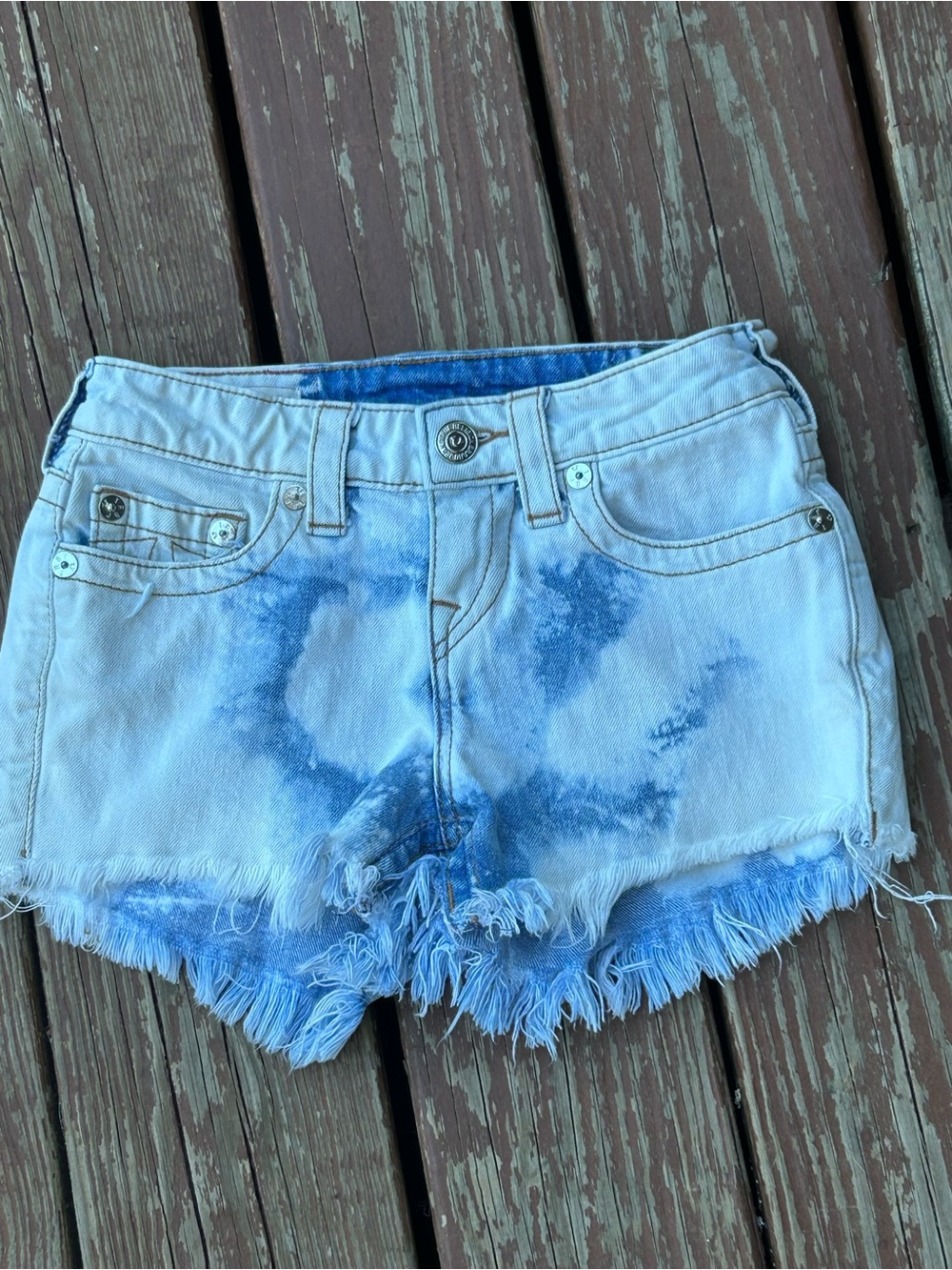 True Religion Blue Tie-Dye Frayed Hem Denim Shorts